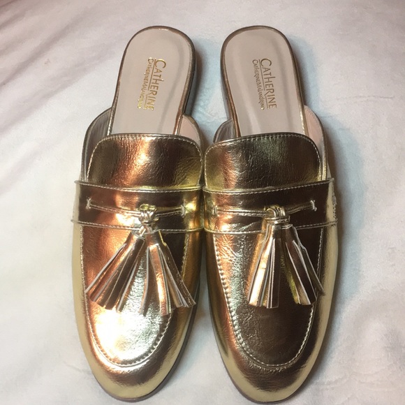 💚 Catherine Malandrino Gold Slip On Loafers Sz 8 - Picture 2 of 8